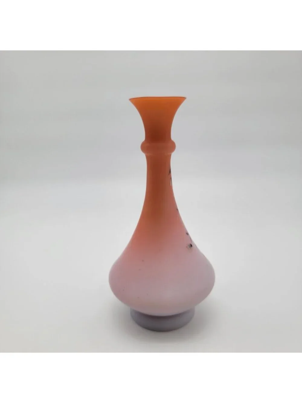 Antique Victorian Handpainted Peach Blow Satin Glass Vase With Floral Motif